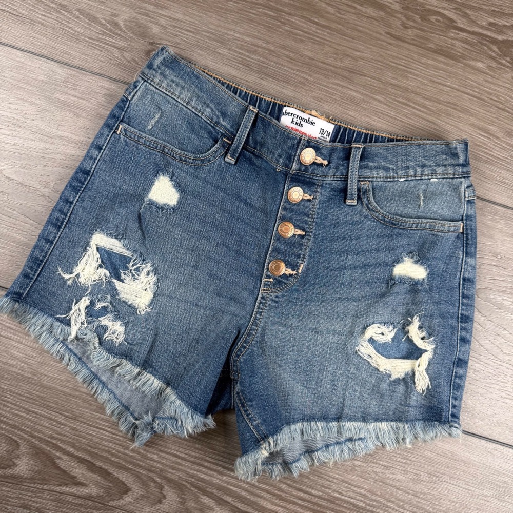 Abercrombie Kids Girls High-Rise Mini Mom Shorts Distressed Denim Blue 13/14